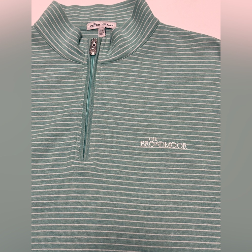 Men’s Peter Millar Striped Long Sleeve 1/4 Zip  Green Sz XL Broadmoor Golf Club - Picture 2 of 7